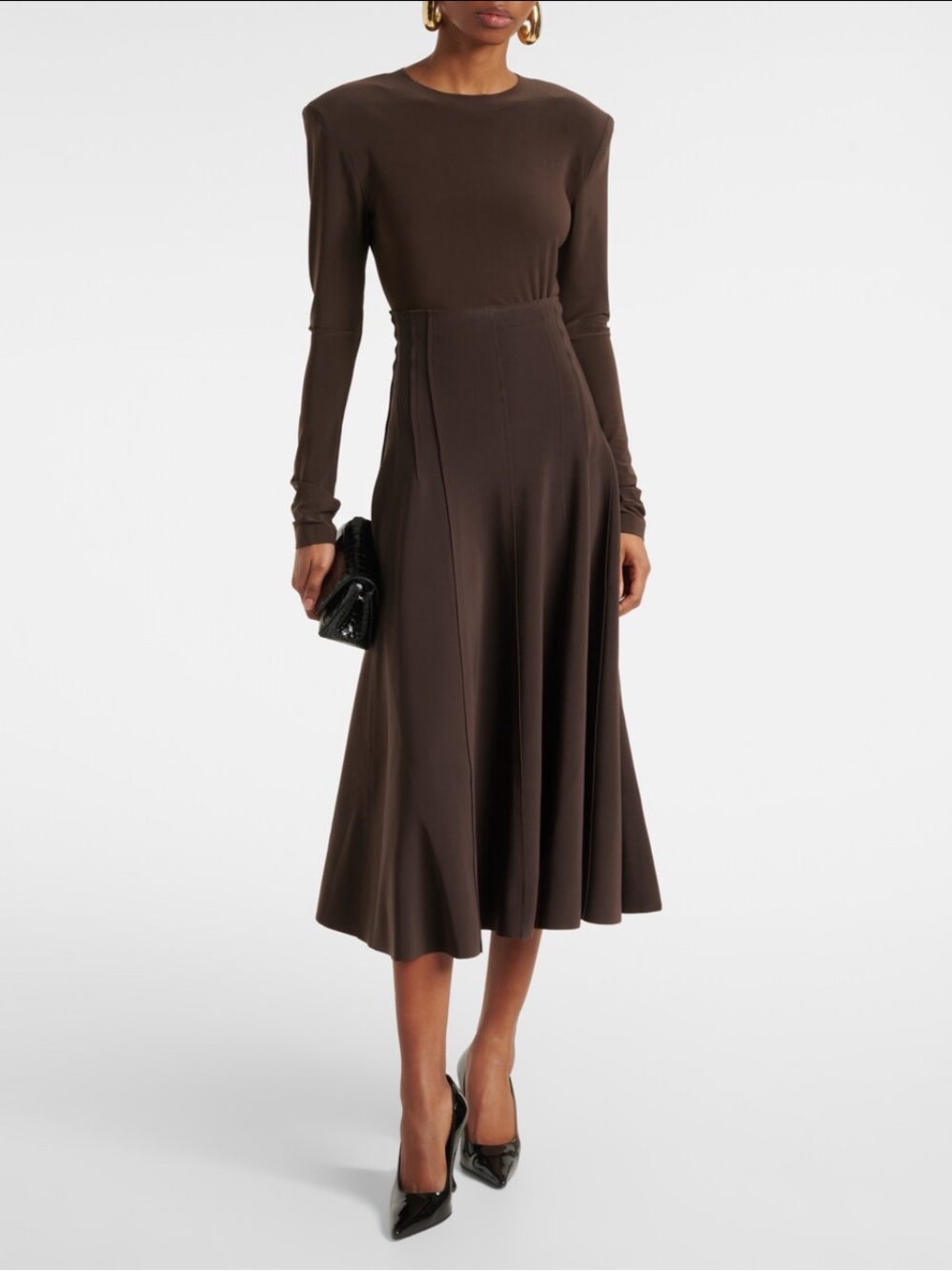 Norma Kamali Brown High-Waisted Flared Midi Skirt
